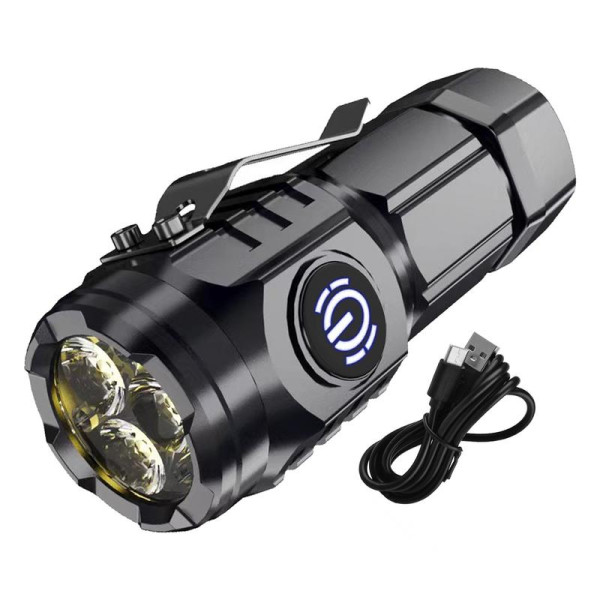High Power LED Flashlight Three-Eyed Mini Flash Strong Light Rechargeable Clip-on Torch Light Outdoor Emergency Work Lights