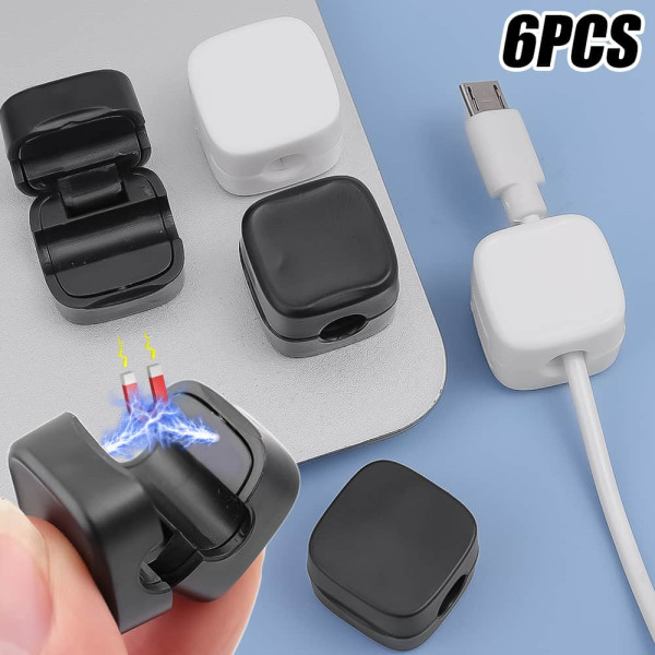 6PCS Black Magnetic Cable Management Clips Multi-Colored Cord Organizer Desk & Wall Mounted Hooks For Phone Data & Charger