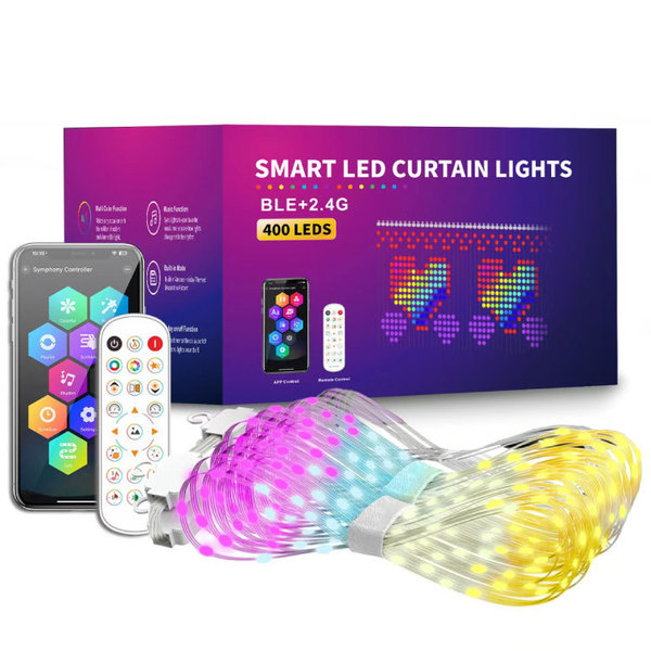 Led Smart Curtain Light String App RGB Rhythmic Fairy Lights DIY Music Change Display for Window Christmas Room Decoration Timer 400led